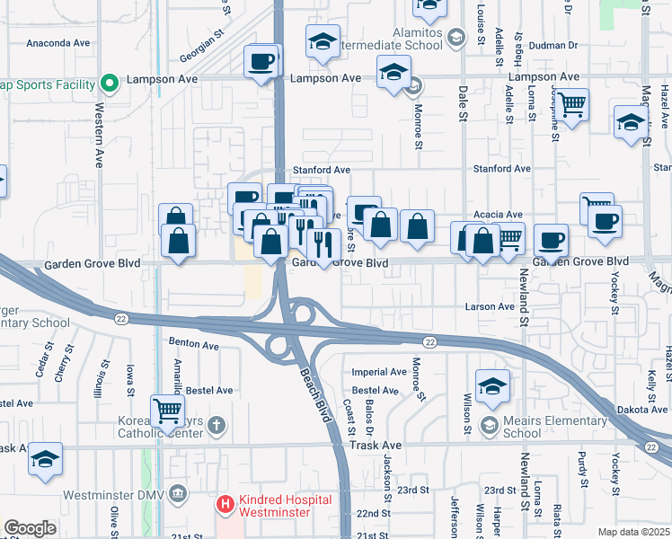 map of restaurants, bars, coffee shops, grocery stores, and more near 8151 W Garden Grove Blvd in Garden Grove