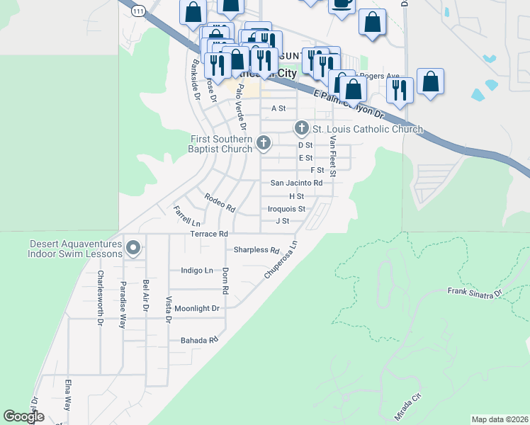 map of restaurants, bars, coffee shops, grocery stores, and more near 68548 Iroquois Street in Cathedral City