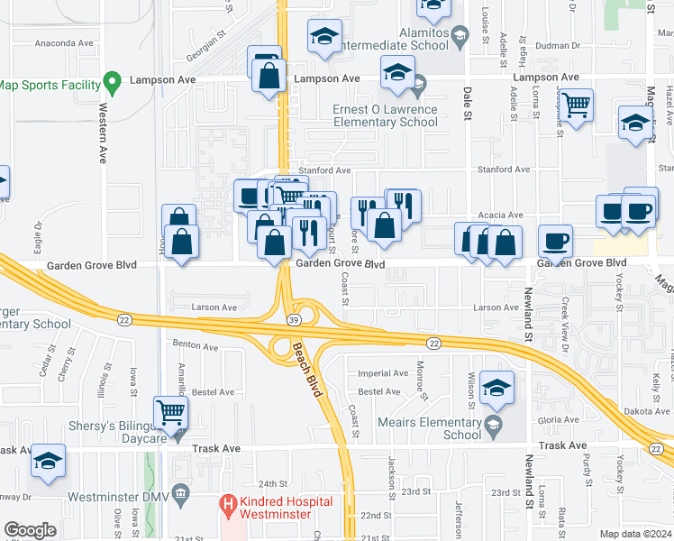 map of restaurants, bars, coffee shops, grocery stores, and more near 8132 Garden Grove Boulevard in Garden Grove