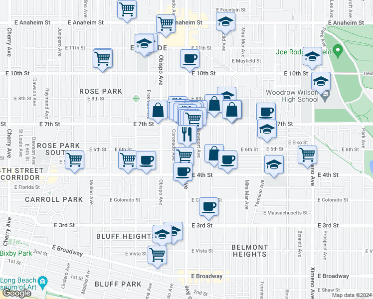 map of restaurants, bars, coffee shops, grocery stores, and more near Redondo Ave & E 6th St in Long Beach
