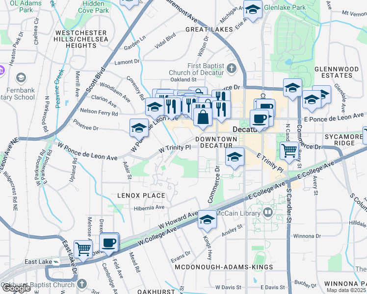map of restaurants, bars, coffee shops, grocery stores, and more near 420 West Trinity Place in Decatur