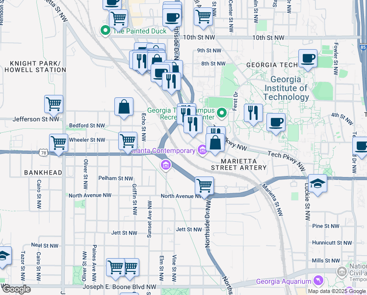 map of restaurants, bars, coffee shops, grocery stores, and more near 810 Marietta Street NorthWest in Atlanta