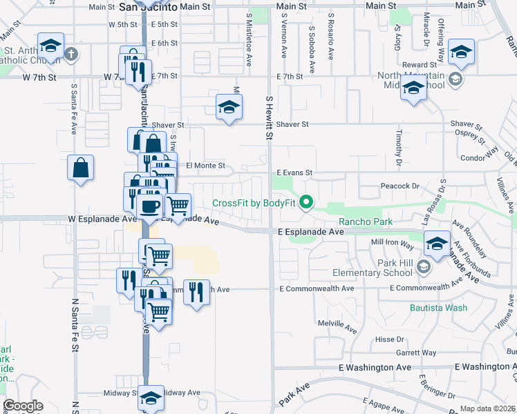 map of restaurants, bars, coffee shops, grocery stores, and more near 1434 Senator Way in San Jacinto