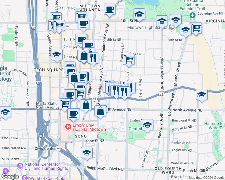 map of restaurants, bars, coffee shops, grocery stores, and more near 693 Myrtle Street Northeast in Atlanta