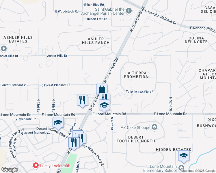 map of restaurants, bars, coffee shops, grocery stores, and more near 31630 North Cll De Los Arboles in Cave Creek