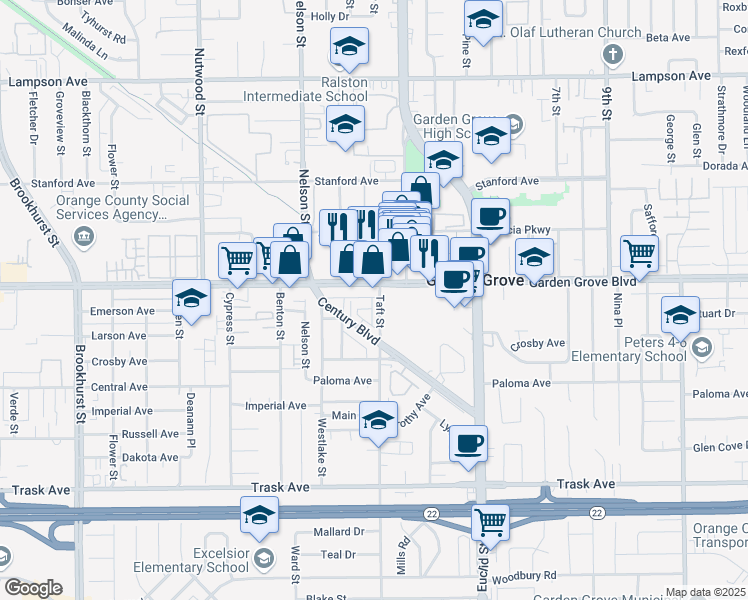map of restaurants, bars, coffee shops, grocery stores, and more near 13084 Mendocino Lane in Garden Grove