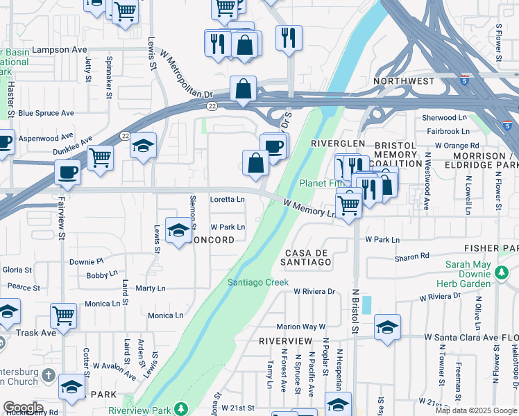 map of restaurants, bars, coffee shops, grocery stores, and more near 1600 West Memory Lane in Santa Ana