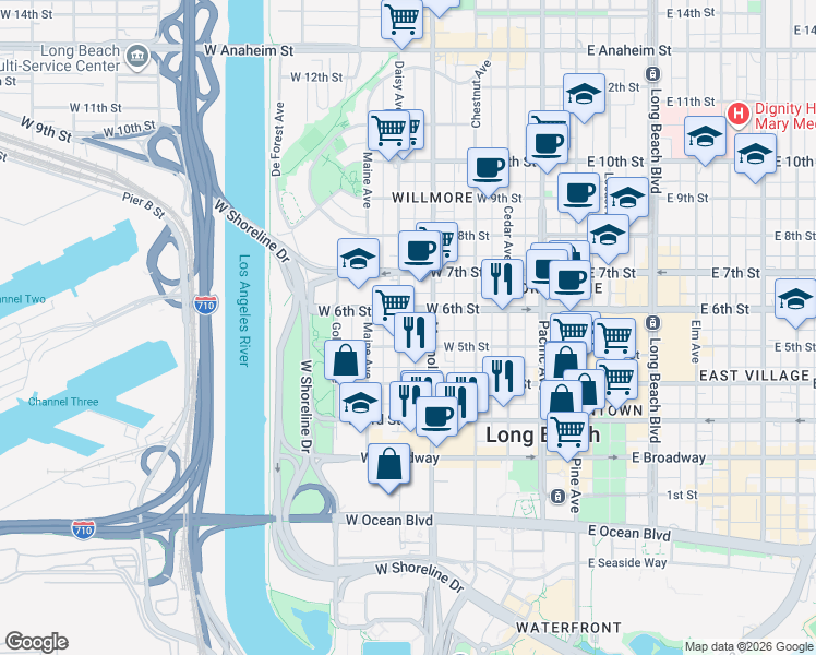 map of restaurants, bars, coffee shops, grocery stores, and more near 528 Daisy Avenue in Long Beach