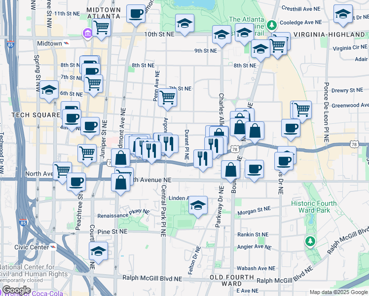 map of restaurants, bars, coffee shops, grocery stores, and more near 694 Durant Place Northeast in Atlanta