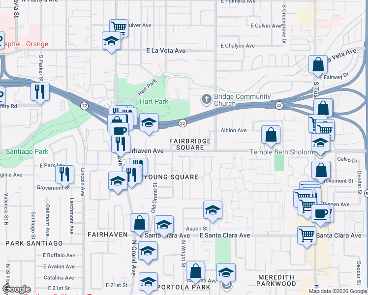 map of restaurants, bars, coffee shops, grocery stores, and more near 2709 Eastside Street in Santa Ana
