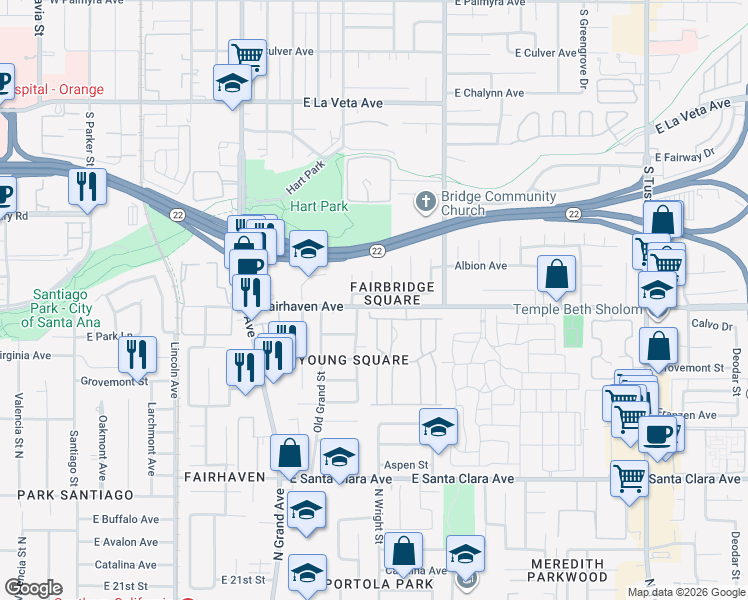 map of restaurants, bars, coffee shops, grocery stores, and more near 2709 Eastside Street in Santa Ana