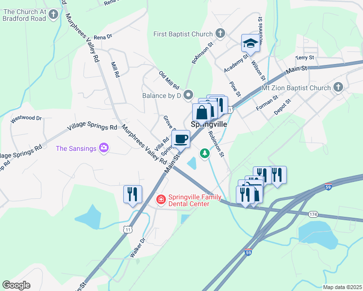 map of restaurants, bars, coffee shops, grocery stores, and more near 6293 U.S. 11 in Springville