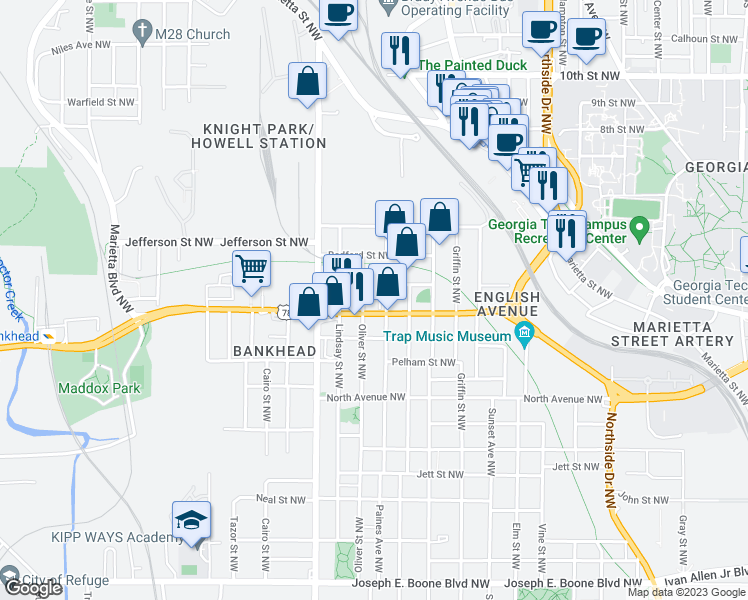 map of restaurants, bars, coffee shops, grocery stores, and more near 700 Banton Drive Northwest in Atlanta
