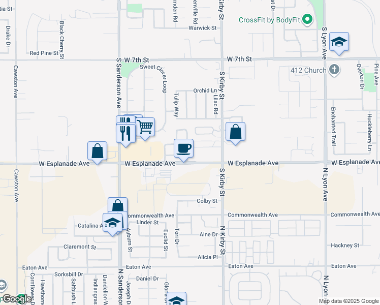map of restaurants, bars, coffee shops, grocery stores, and more near 1361 Cooper Beech Place in San Jacinto