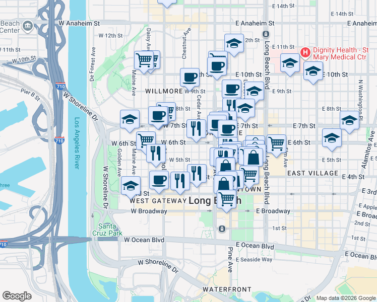 map of restaurants, bars, coffee shops, grocery stores, and more near 530 Chestnut Avenue in Long Beach