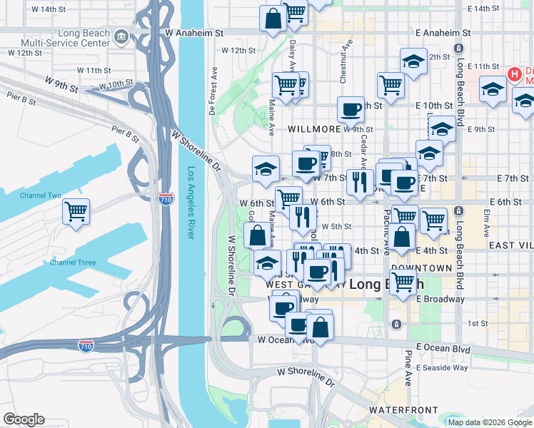 map of restaurants, bars, coffee shops, grocery stores, and more near 555 Maine Avenue in Long Beach