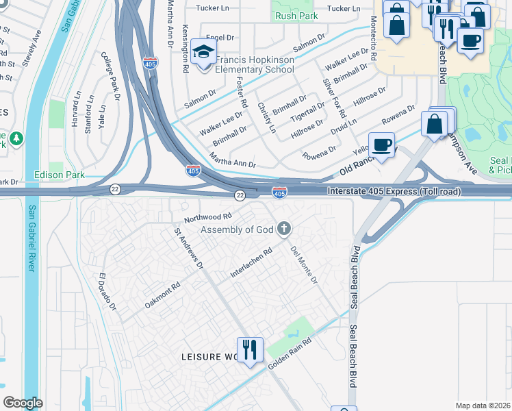 map of restaurants, bars, coffee shops, grocery stores, and more near 1600 Northwood Road in Seal Beach