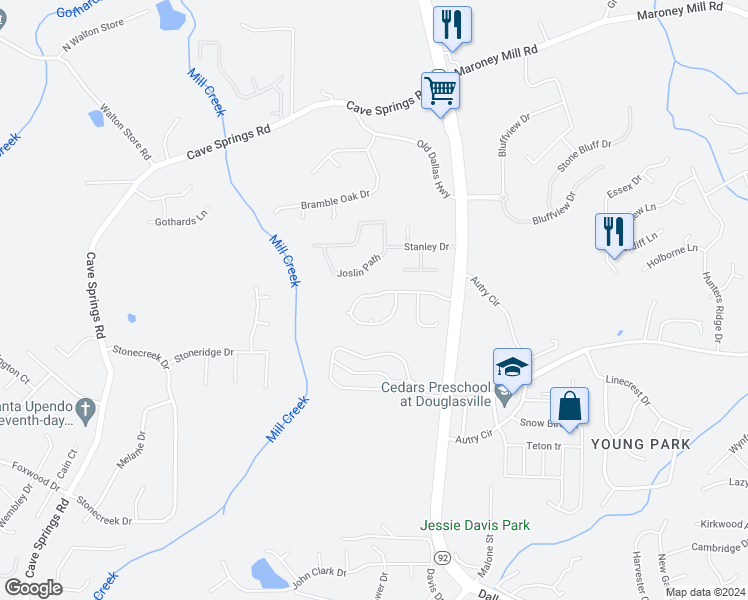 map of restaurants, bars, coffee shops, grocery stores, and more near 5361 Brickleberry Way in Douglasville