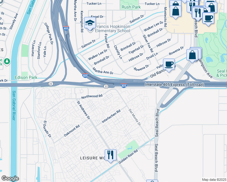 map of restaurants, bars, coffee shops, grocery stores, and more near 1600 Northwood Road in Seal Beach