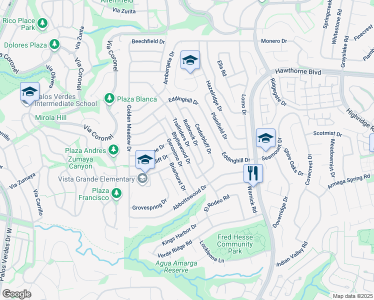 map of restaurants, bars, coffee shops, grocery stores, and more near 28717 Trailriders Drive in Rancho Palos Verdes