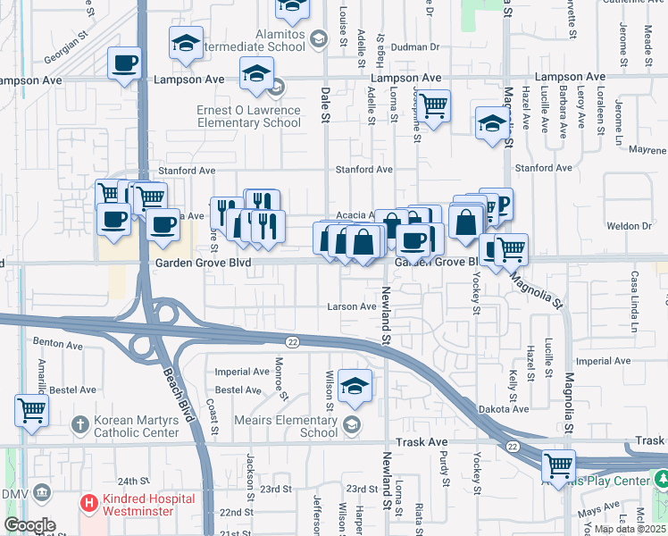 map of restaurants, bars, coffee shops, grocery stores, and more near 8502 Garden Grove Boulevard in Garden Grove
