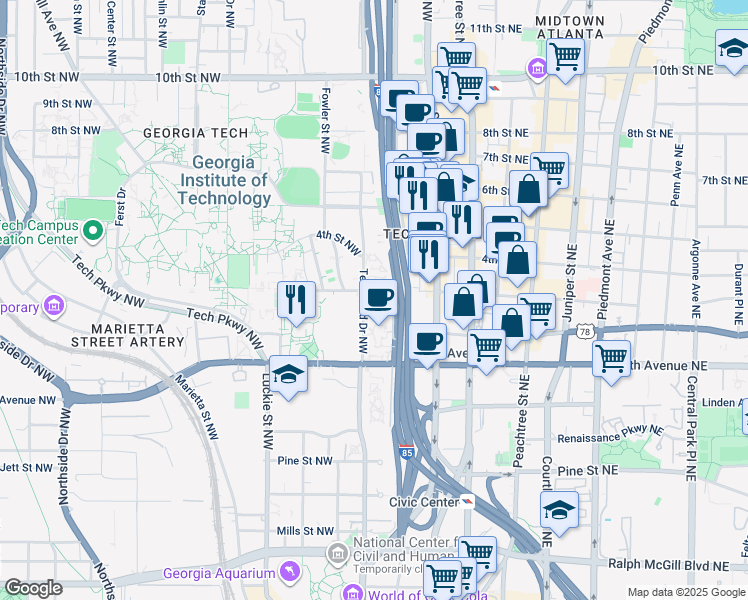 map of restaurants, bars, coffee shops, grocery stores, and more near 118 Bobby Dodd Way Northwest in Atlanta