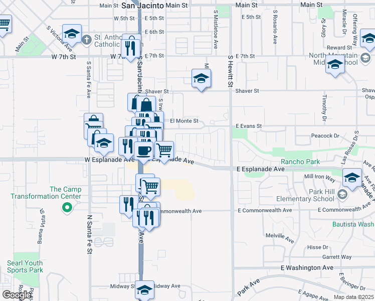 map of restaurants, bars, coffee shops, grocery stores, and more near 1436 Freedom Way in San Jacinto