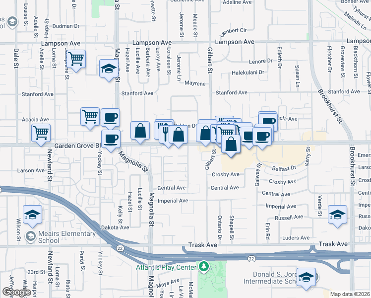map of restaurants, bars, coffee shops, grocery stores, and more near in Garden Grove