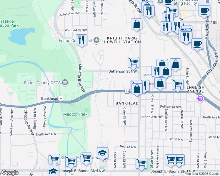 map of restaurants, bars, coffee shops, grocery stores, and more near Robert Smalls Way in Atlanta