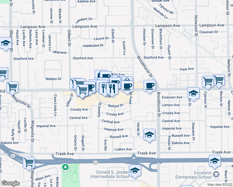 map of restaurants, bars, coffee shops, grocery stores, and more near 9786 Garden Grove Boulevard in Garden Grove