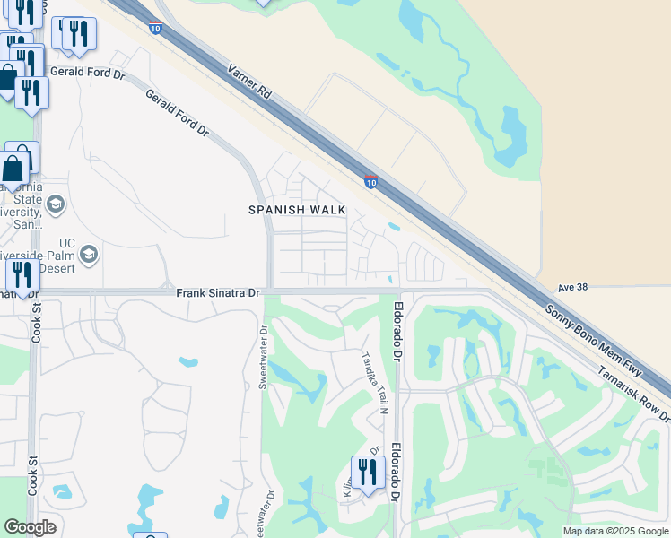 map of restaurants, bars, coffee shops, grocery stores, and more near 580 Calle Vibrante in Palm Desert