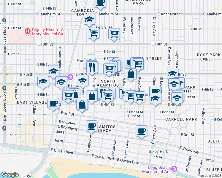 map of restaurants, bars, coffee shops, grocery stores, and more near 549 Nebraska Avenue in Long Beach