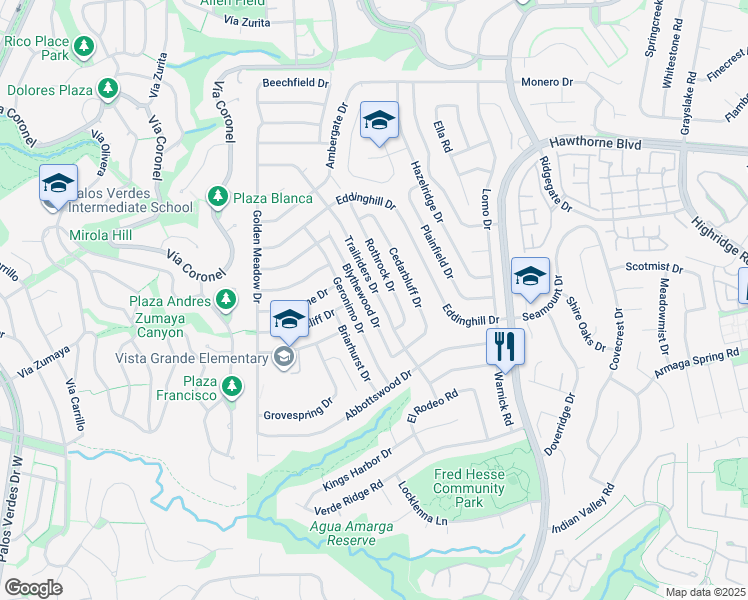 map of restaurants, bars, coffee shops, grocery stores, and more near 28717 Trailriders Drive in Rancho Palos Verdes