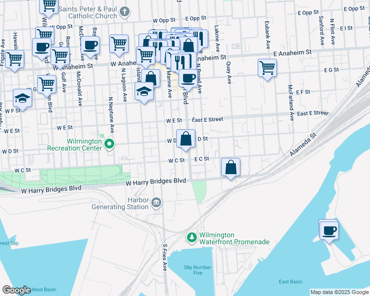 map of restaurants, bars, coffee shops, grocery stores, and more near 126 West D Street in Los Angeles