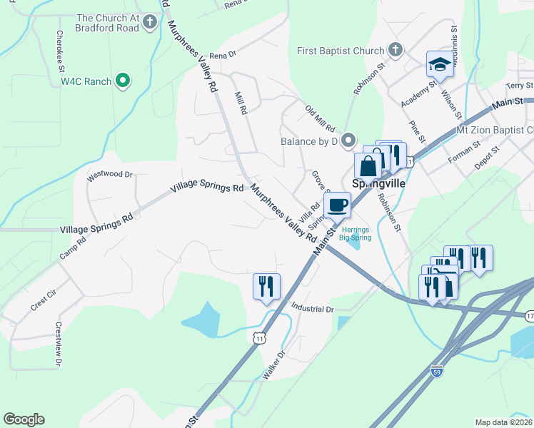 map of restaurants, bars, coffee shops, grocery stores, and more near 50 Meadow Brook in Springville