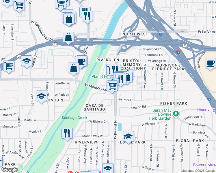 map of restaurants, bars, coffee shops, grocery stores, and more near 2724 North Bristol Street in Santa Ana