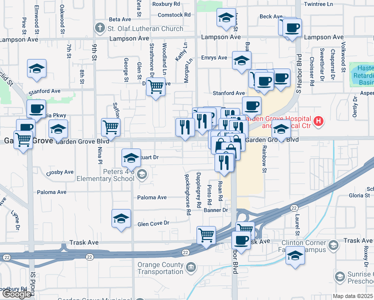 map of restaurants, bars, coffee shops, grocery stores, and more near 11959 Sycamore Lane in Garden Grove