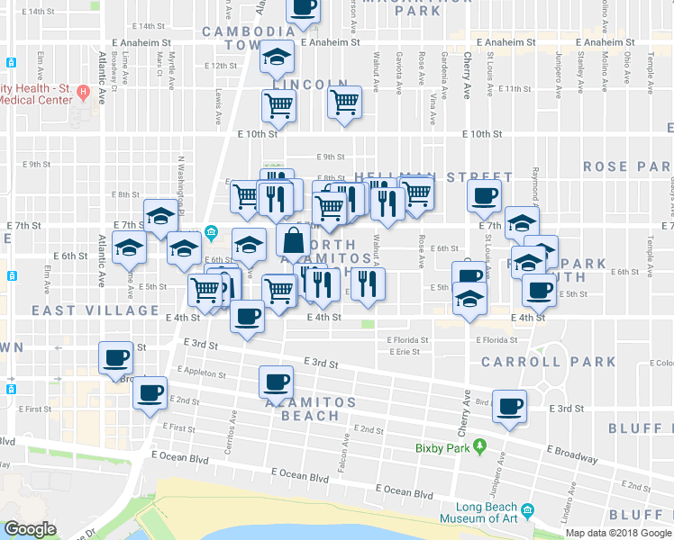 map of restaurants, bars, coffee shops, grocery stores, and more near 524 Almond Avenue in Long Beach