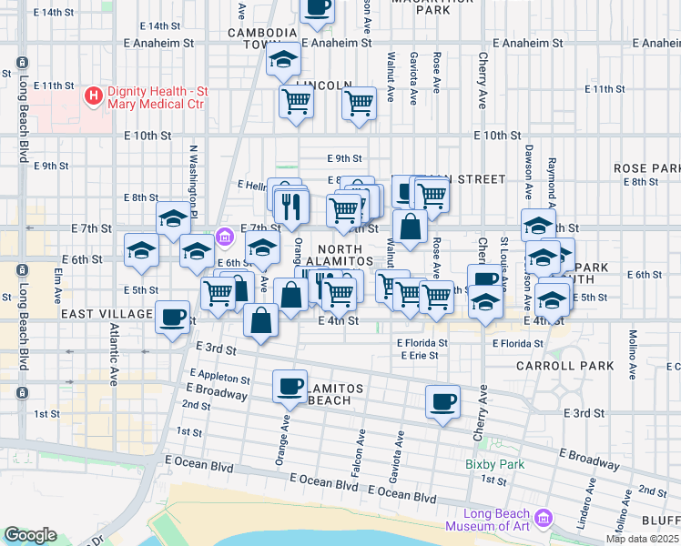 map of restaurants, bars, coffee shops, grocery stores, and more near 524 Almond Avenue in Long Beach