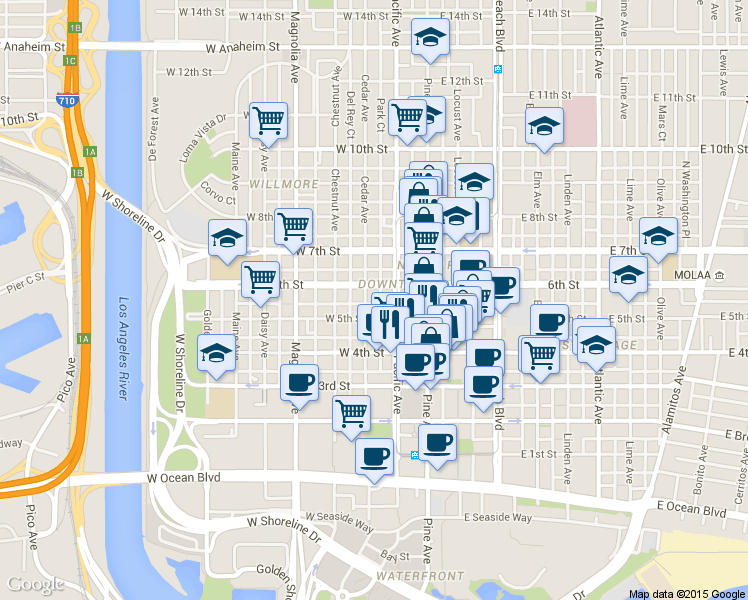 map of restaurants, bars, coffee shops, grocery stores, and more near 555 Pacific Avenue in Long Beach
