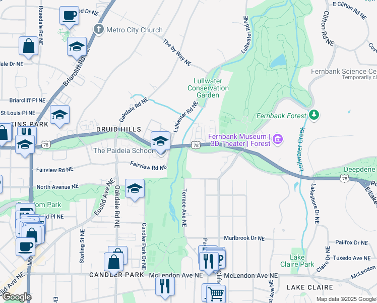 map of restaurants, bars, coffee shops, grocery stores, and more near 1585 South Ponce De Leon Avenue Northeast in Atlanta