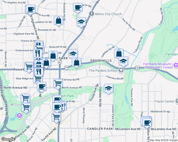 map of restaurants, bars, coffee shops, grocery stores, and more near 1337 South Ponce De Leon Avenue Northeast in Atlanta