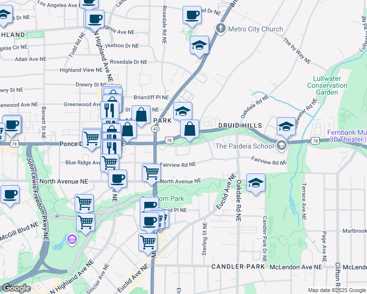 map of restaurants, bars, coffee shops, grocery stores, and more near 1247 Ponce De Leon Avenue Northeast in Atlanta