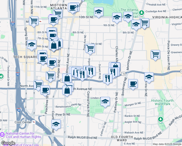 map of restaurants, bars, coffee shops, grocery stores, and more near 710 Argonne Avenue Northeast in Atlanta
