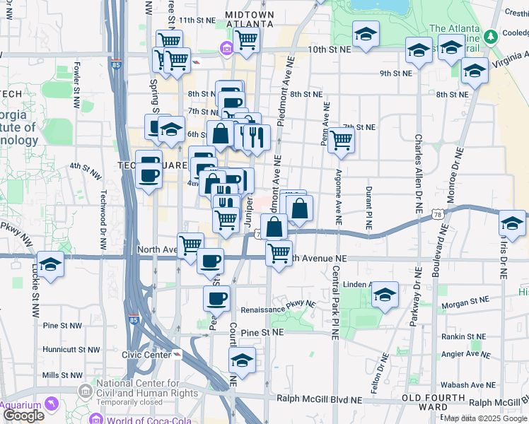 map of restaurants, bars, coffee shops, grocery stores, and more near 700 Piedmont Avenue Northeast in Atlanta