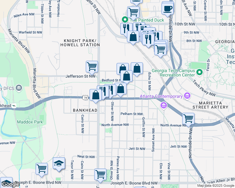 map of restaurants, bars, coffee shops, grocery stores, and more near 700 Banton Drive Northwest in Atlanta