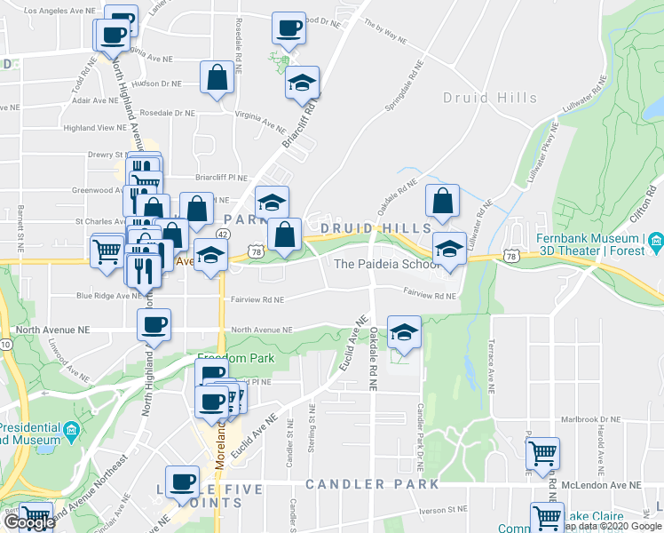 map of restaurants, bars, coffee shops, grocery stores, and more near 1337 South Ponce De Leon Avenue Northeast in Atlanta