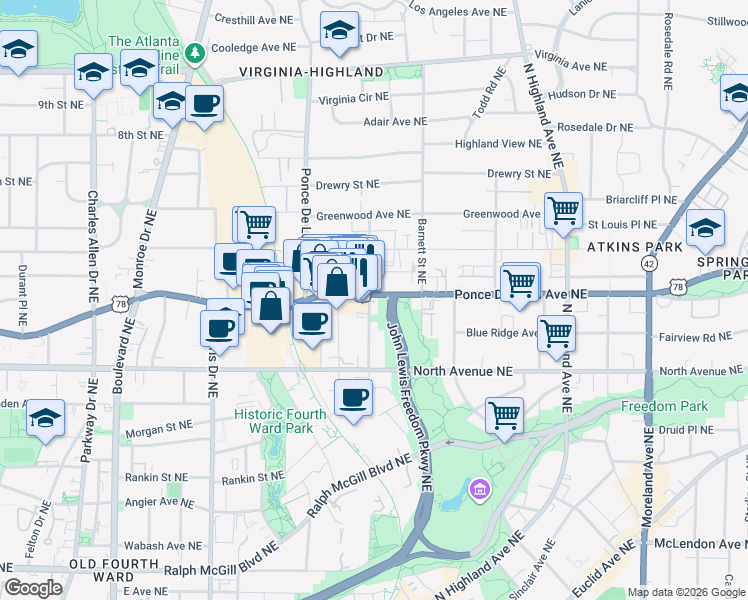 map of restaurants, bars, coffee shops, grocery stores, and more near 790 Ponce De Leon Avenue Northeast in Atlanta
