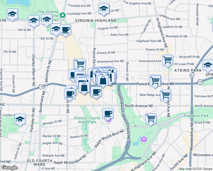 map of restaurants, bars, coffee shops, grocery stores, and more near 777 Ponce De Leon Avenue Northeast in Atlanta