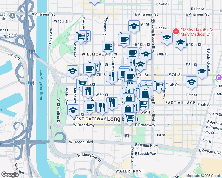 map of restaurants, bars, coffee shops, grocery stores, and more near 527 Cedar Avenue in Long Beach